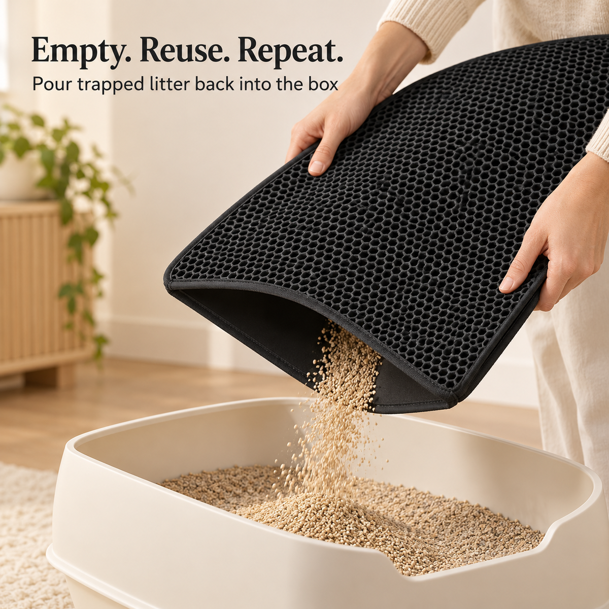 Empty, reuse, repeat: pouring trapped litter from the PawProof mat back into the litter box