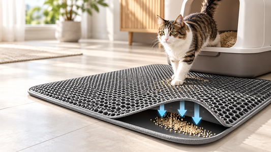 Cat stepping out of a litter box onto a double-layer litter mat