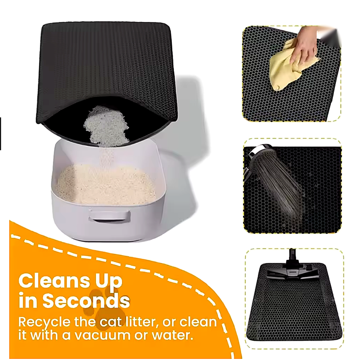 Waterproof litter mat cleans up in seconds