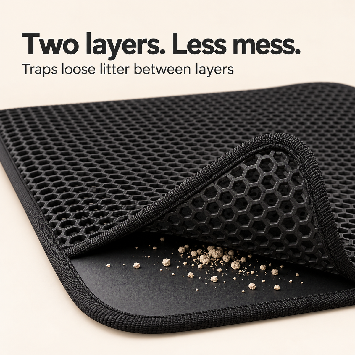 Two layers, less mess: PawProof mat traps loose litter between its honeycomb layers