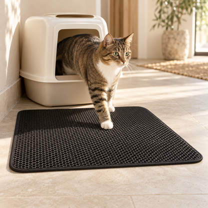Tabby cat stepping out of a covered litter box onto the black PawProof litter mat