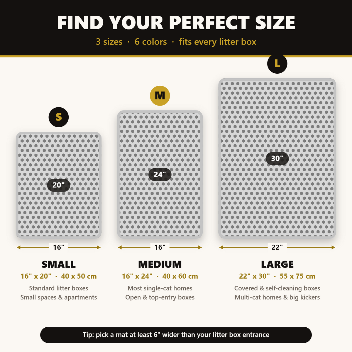 PawProof litter mat size chart: S 16x20 in, M 16x24 in, L 22x30 in